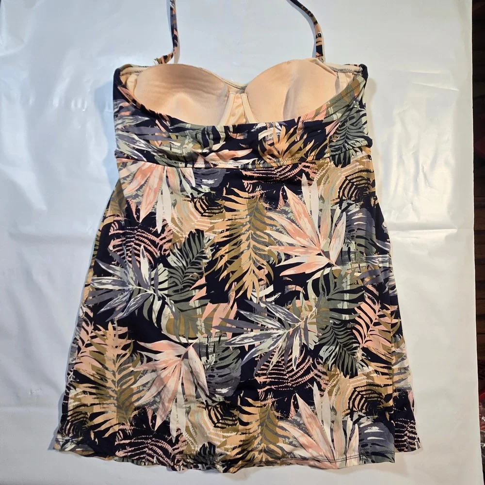 Garnet Hill Tropical Palm Print Swim Dress One Piece Halter Swimsuit Sz 12 Beach